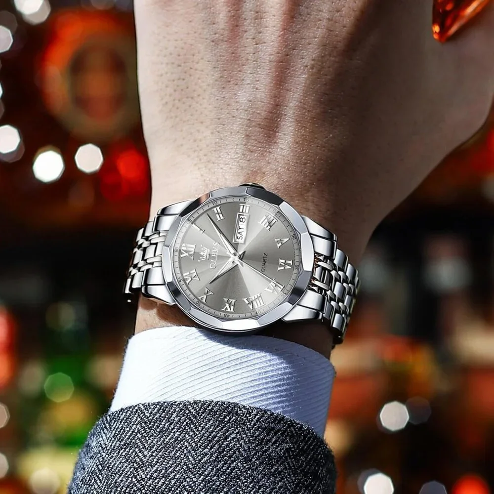 Olevs Men's Silver Grey Steel Stain Waterproof Stainless Luminous Stylish Watch
